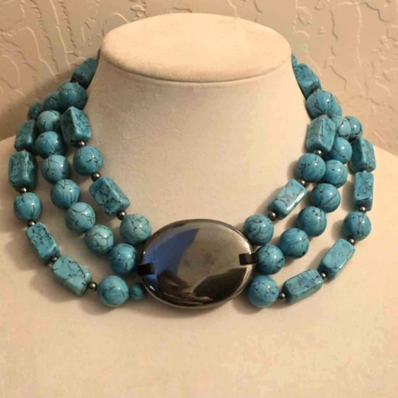 Artisan Jewelry - Faux Turquoise 3 Strand Choker Style Necklace